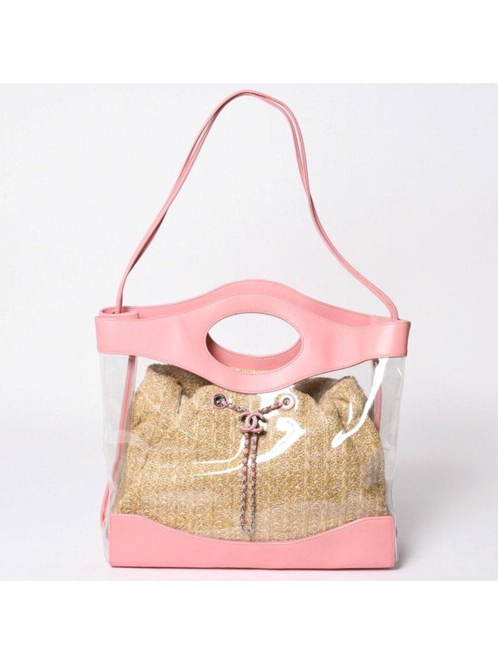Chanel 31 Large Shopping Bag CC Logo Straw Leather Vinyl Pink